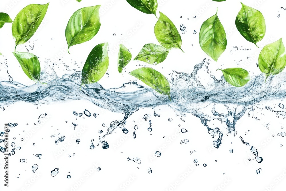 Green leaves scattered and floating in mid-air against a white background. Green leaves scattered and floating in mid-air against a white background.