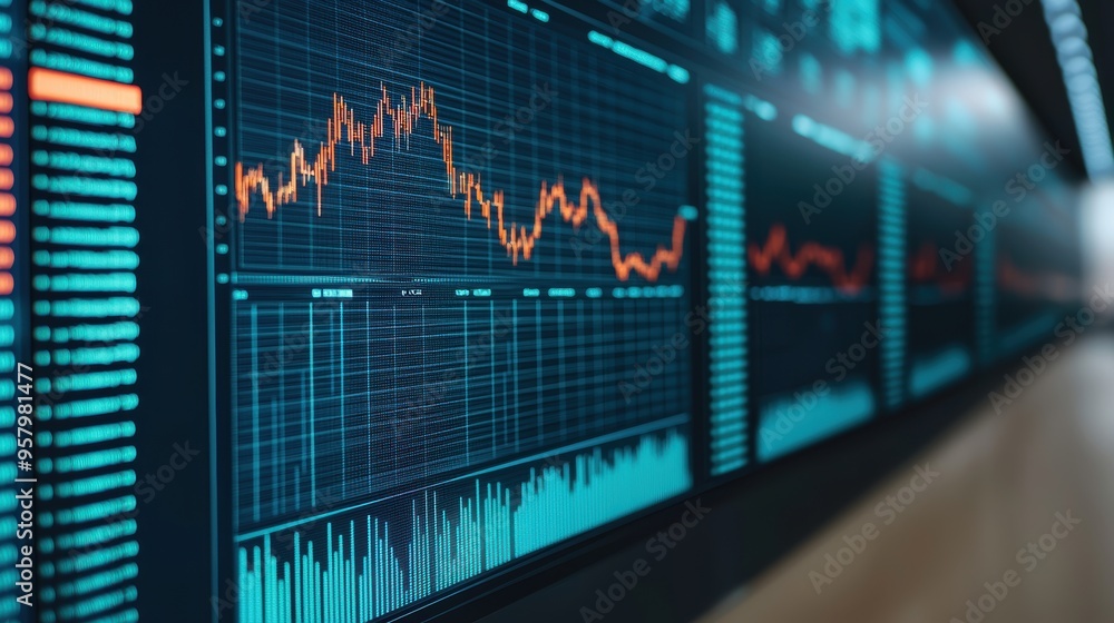 Futuristic Augmented Reality Financial Graphs in High-Tech Office with Copy Space, Selective Focus on Foreground - Ultra HD