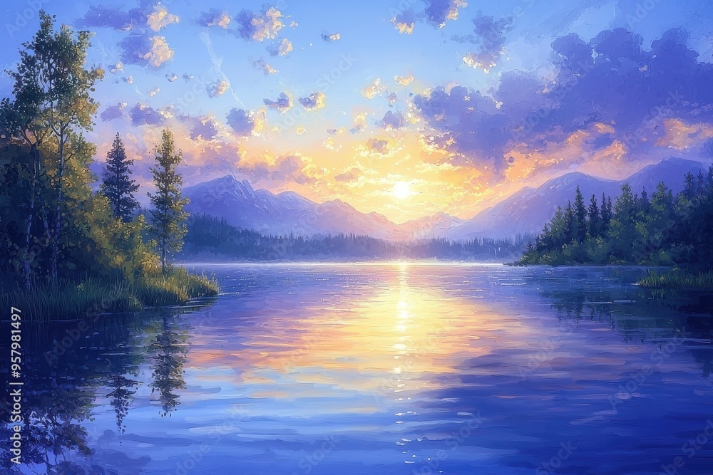 Serene landscape with vibrant sunset over tranquil lake surrounded by pine trees Serene landscape with vibrant sunset over tranquil lake surrounded by pine trees