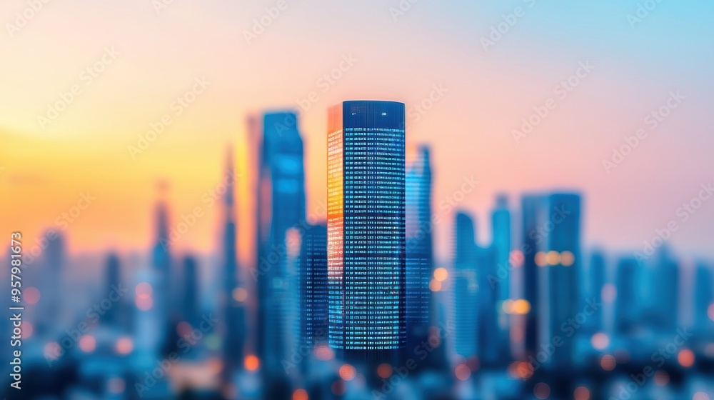 Obraz premium Futuristic Augmented Reality Business Finance Concept in Modern Cityscape with Transparent Holographic Data Display, Copy Space for Text, Selective Focus on Foreground, Ultra HD Quality