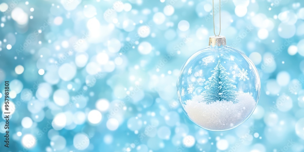 Christmas glass ornament with snowflake designs, featuring a snowy winter scene, hanging against a soft blue bokeh background. Winter holiday decoration concept. Christmas glass ornament with snowflake designs, featuring a snowy winter scene, hanging against a soft blue bokeh background. Winter holiday decoration concept.