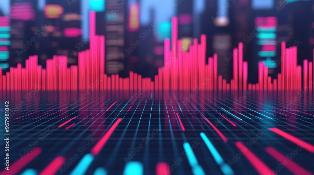 Futuristic Virtual Reality Stock Trading Concept with Neon Holograms in Modern City - Selective Focus on Foreground Futuristic Virtual Reality Stock Trading Concept with Neon Holograms in Modern City - Selective Focus on Foreground
