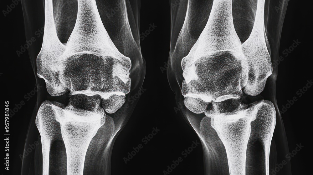 X-ray image of two human knees, showing the bones and joints. Stock ...