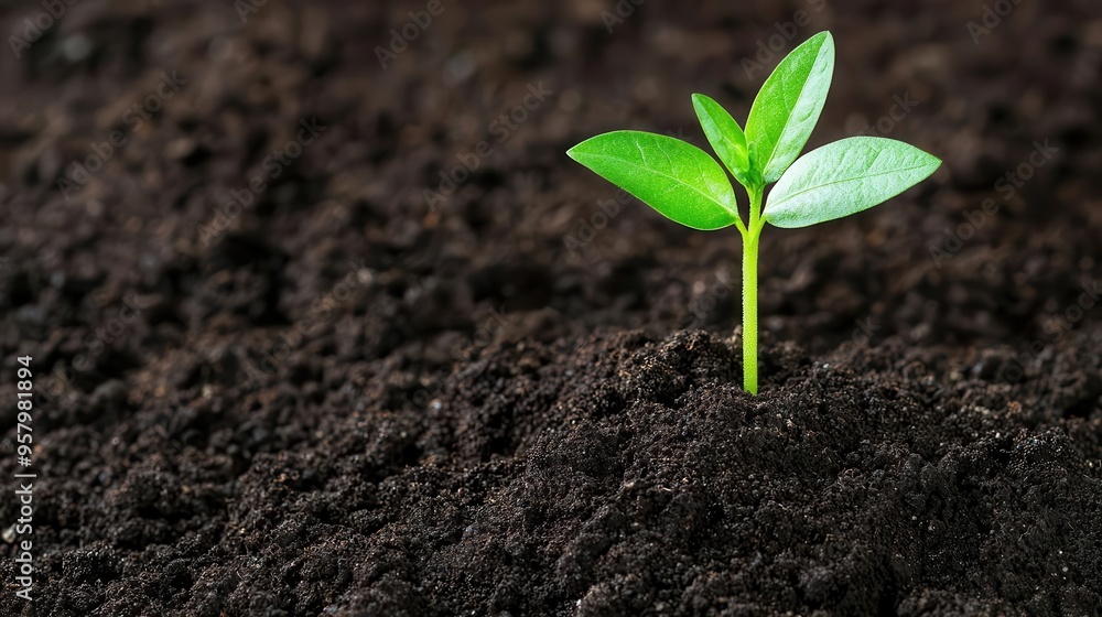 Young plant sprouting from the soil, representing growth and new beginnings Young plant sprouting from the soil, representing growth and new beginnings