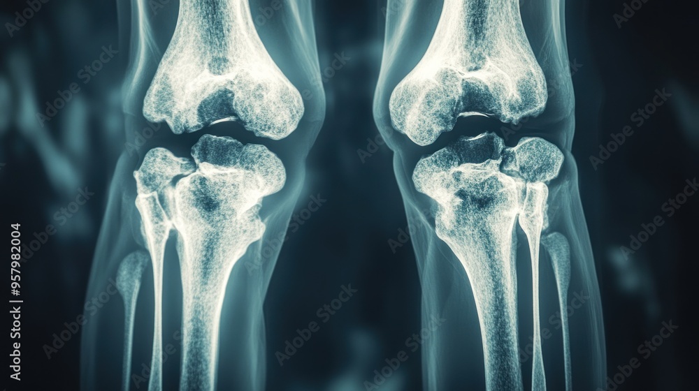 A close-up X-ray image of two human knees, showcasing the bone structure and joints. A close-up X-ray image of two human knees, showcasing the bone structure and joints.