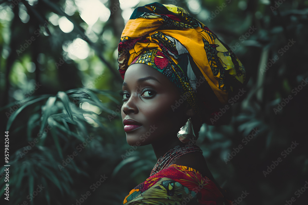 Fototapeta premium Beautiful African woman in traditional colorful headwrap, ethnic fashion, cultural heritage, vibrant clothing, African beauty, natural background, confident expression, African style, elegance