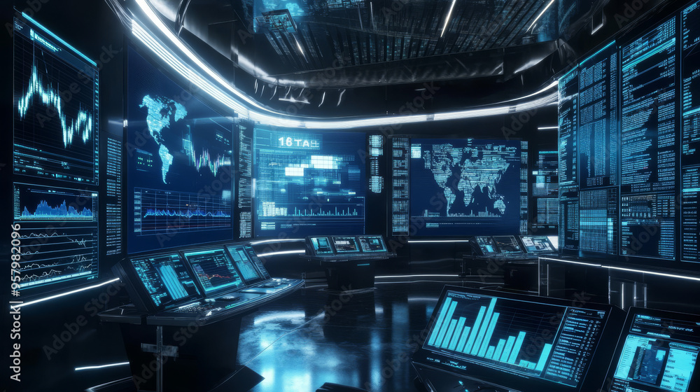 Futuristic stock exchange with general info displayed on screen Futuristic stock exchange with general info displayed on screen