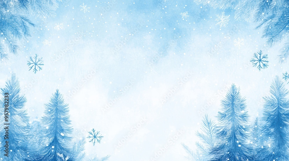 Winter scene with snowflakes falling over frosty trees against a light blue background. Perfect for seasonal or holiday designs. Winter scene with snowflakes falling over frosty trees against a light blue background. Perfect for seasonal or holiday designs.