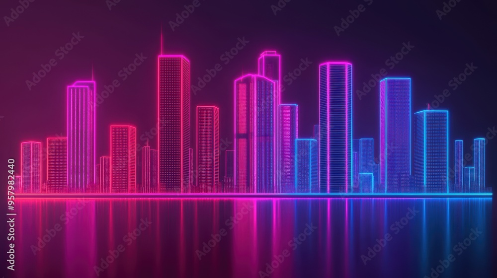 Illuminated Virtual Reality Financial Strategy Over Futuristic Neon City Skyline with Copy Space, Selective Focus - Ultra HD Illuminated Virtual Reality Financial Strategy Over Futuristic Neon City Skyline with Copy Space, Selective Focus - Ultra HD