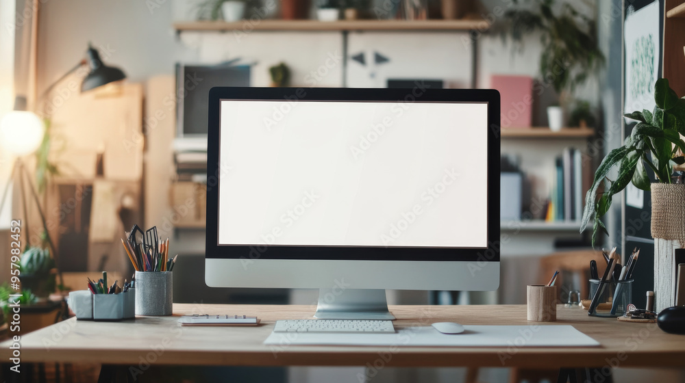 Graphic designer's workspace with a computer featuring a white screen and creative tools on the table. Graphic designer's workspace with a computer featuring a white screen and creative tools on the table.