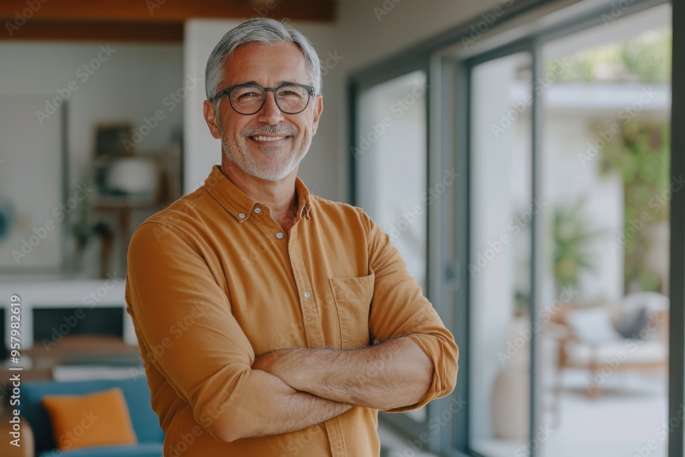 Happy confident middle aged senior man standing with arms crossed at home. Happy confident middle aged senior man standing with arms crossed at home.