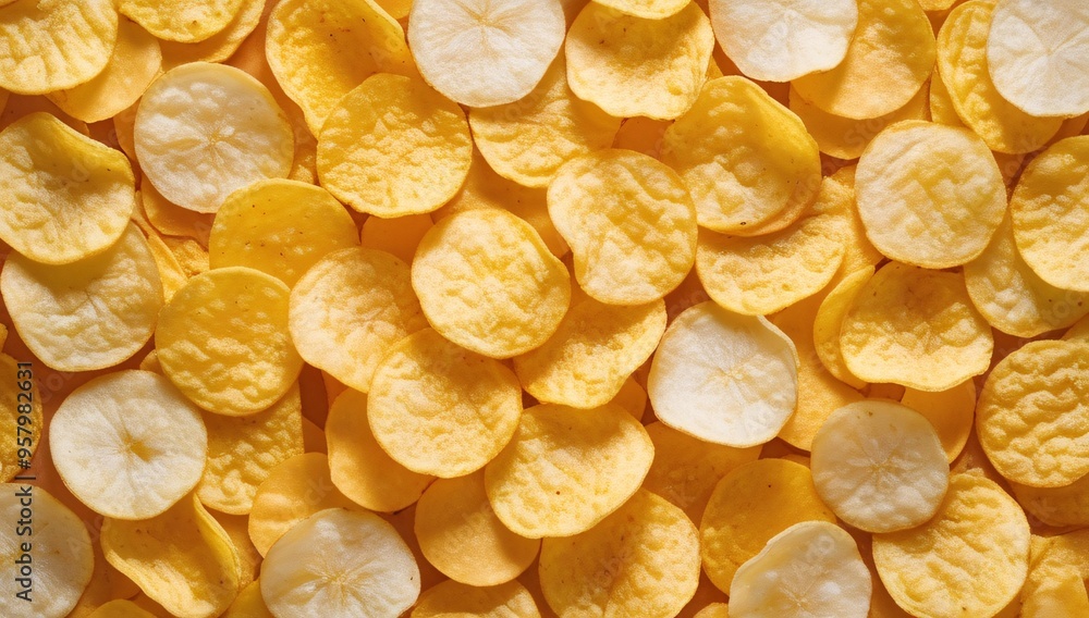 Closeup view background of a large number of potato chips, golden yellow in color. Closeup view background of a large number of potato chips, golden yellow in color.
