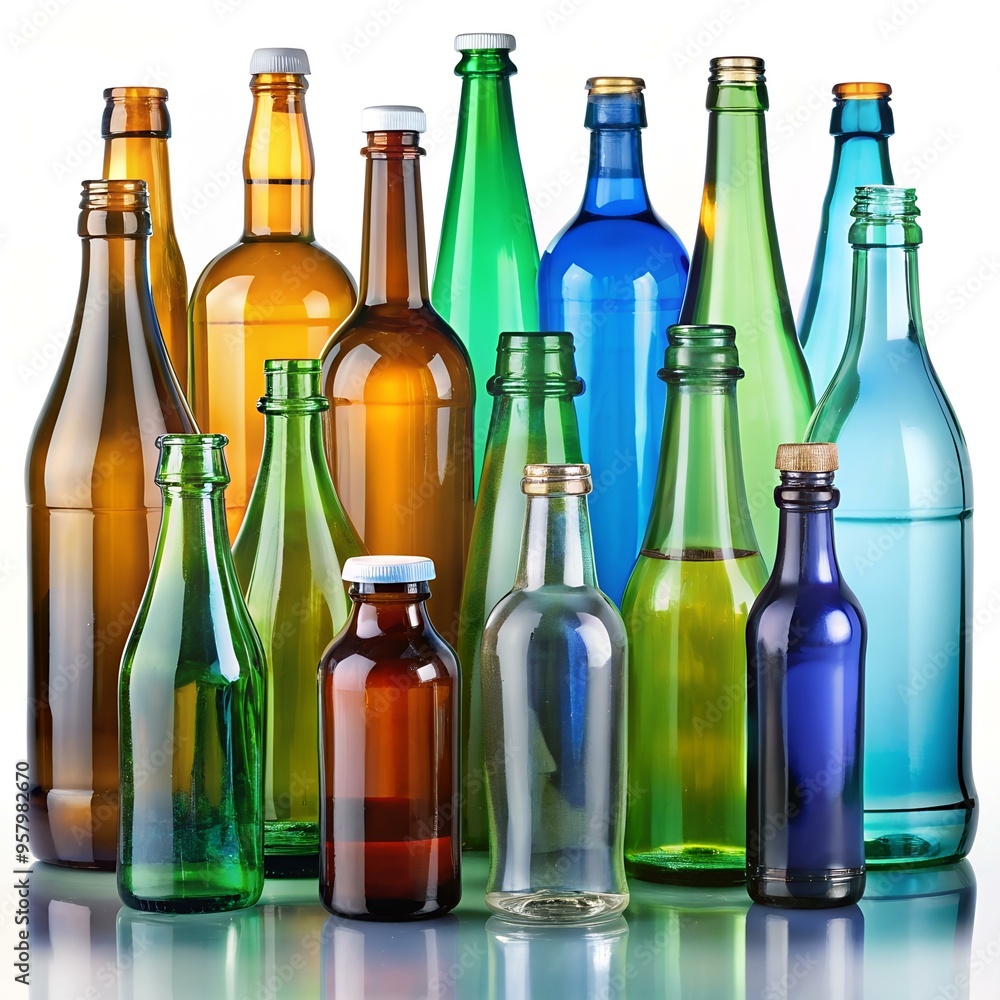 Collection of various glass bottles with different shapes. colors. and caps. isolated on white background. Collection of various glass bottles with different shapes. colors. and caps. isolated on white background.
