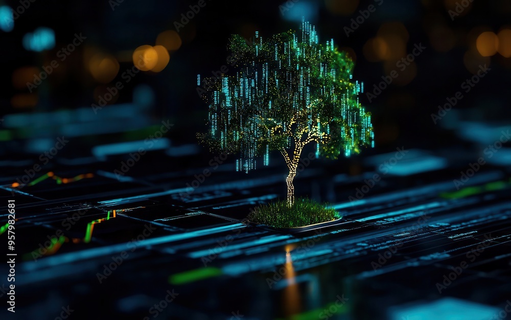 A digitally rendered tree stands on a glowing electronic circuit board, symbolizing the integration of technology and nature at night. A digitally rendered tree stands on a glowing electronic circuit board, symbolizing the integration of technology and nature at night.