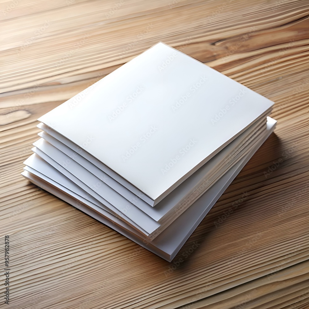 A stack of blank brochures or leaflets on a wooden table. ready for your design. A stack of blank brochures or leaflets on a wooden table. ready for your design.