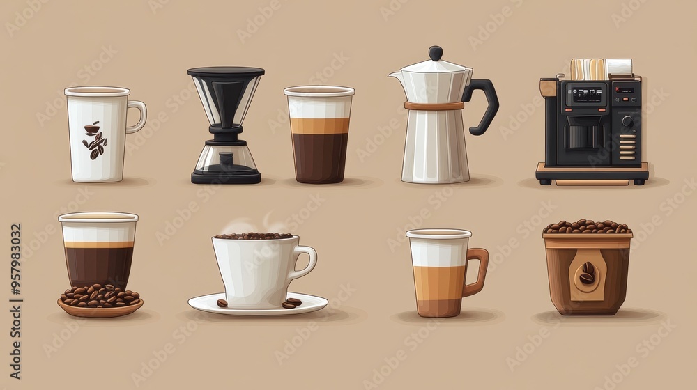 Artistic set of vector coffee machines and coffee drinks isolated on brown background,hand-drawn vector,coffee cups and coffee beans,modern flat design,Fashionable and cute coffee motif concept. Artistic set of vector coffee machines and coffee drinks isolated on brown background,hand-drawn vector,coffee cups and coffee beans,modern flat design,Fashionable and cute coffee motif concept.