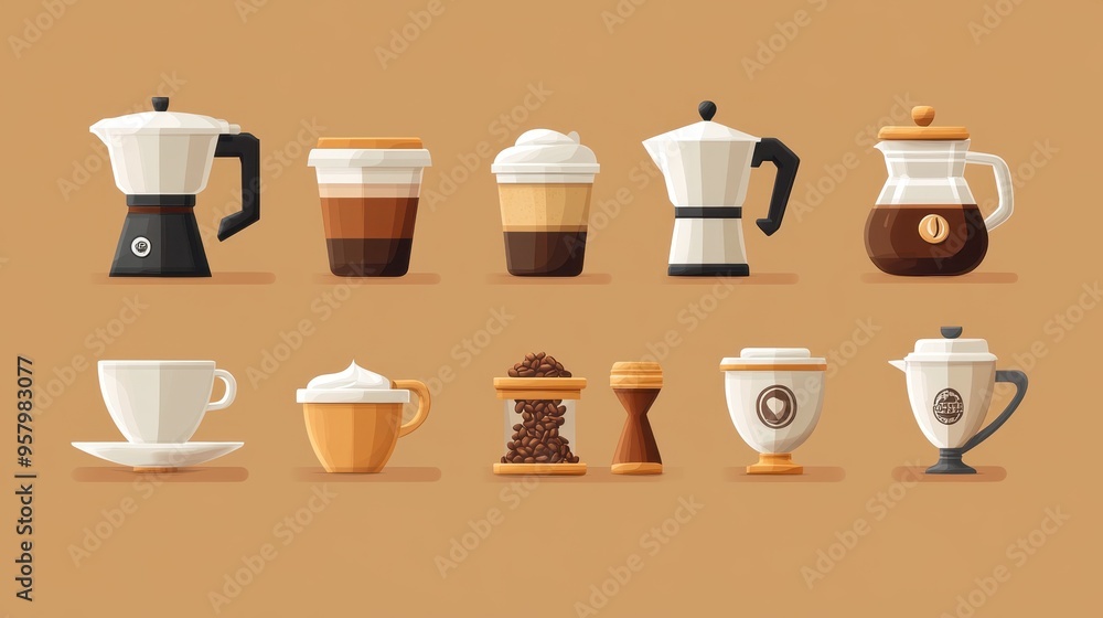 Obraz premium Artistic set of vector coffee machines and coffee drinks isolated on brown background,hand-drawn vector,coffee cups and coffee beans,modern flat design,Fashionable and cute coffee motif concept.