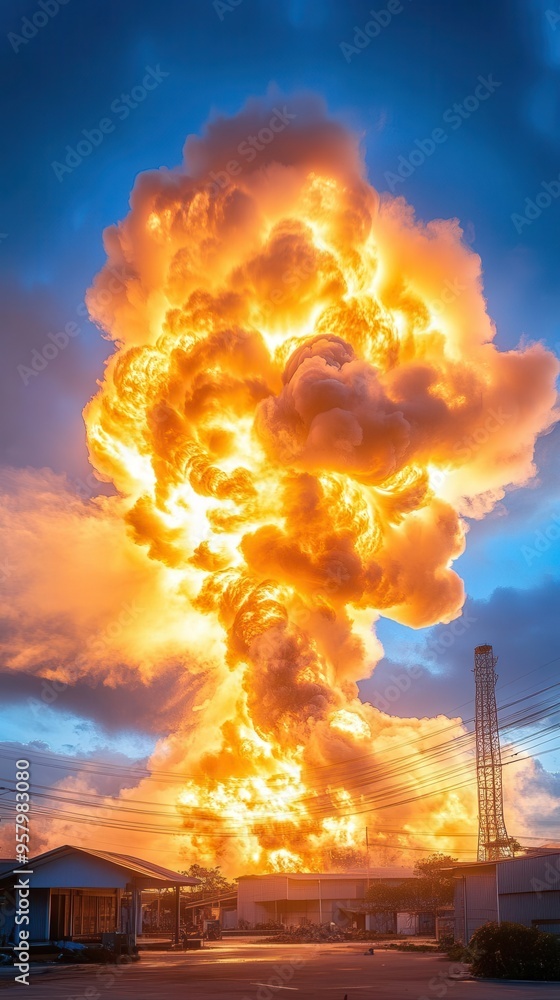 Fototapeta premium Dramatic explosion with huge fireball engulfing the sky, illuminating the surroundings, indicating intense destruction.