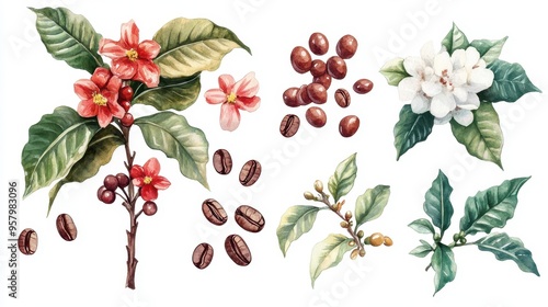 Watercolor Red arabica on a branch with blooming flowers and coffee beans,Coffee plants clipart,artistic and detailed,coffee tree and fruit,fabric patterns, and advertisements,mural art coffee shop.