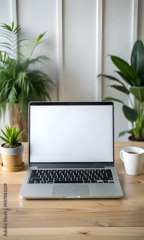 A sleek silver laptop with a blank white screen sits on a wooden desk. surrounded by lush greenery. A sleek silver laptop with a blank white screen sits on a wooden desk. surrounded by lush greenery.
