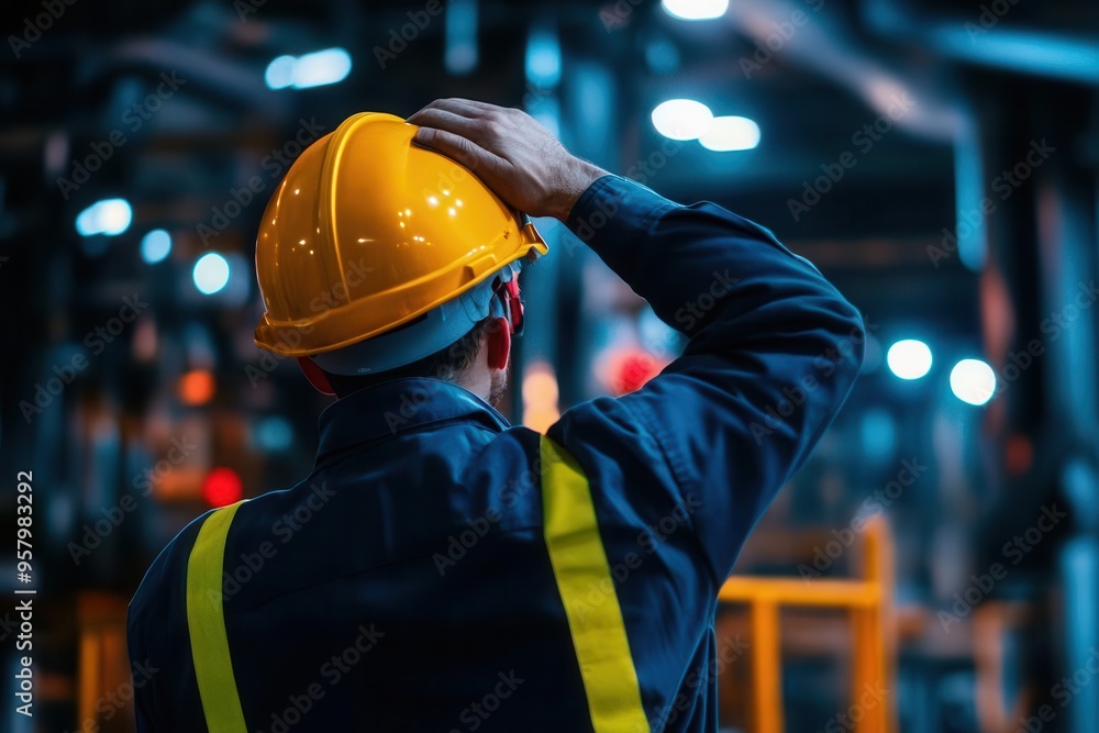 Industrial worker with a yellow hard hat and safety gear inspects machinery in a factory setting, ensuring workplace safety and efficiency. Industrial worker with a yellow hard hat and safety gear inspects machinery in a factory setting, ensuring workplace safety and efficiency.