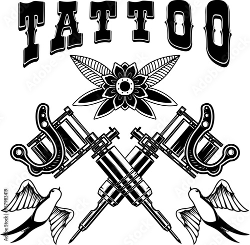 Tattoo studio emblem template. Crossed tattoo machine, roses, swallows. Design element for logo, label, sign, poster, t shirt. Vector illustration