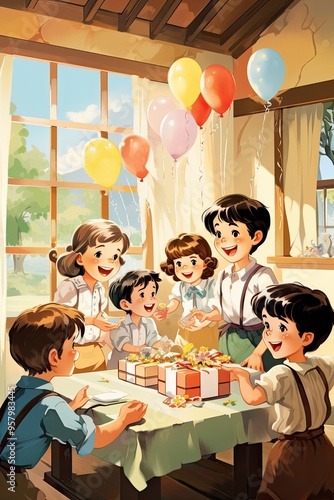 A birthday wartercolor scene with a group of children playing party games photo