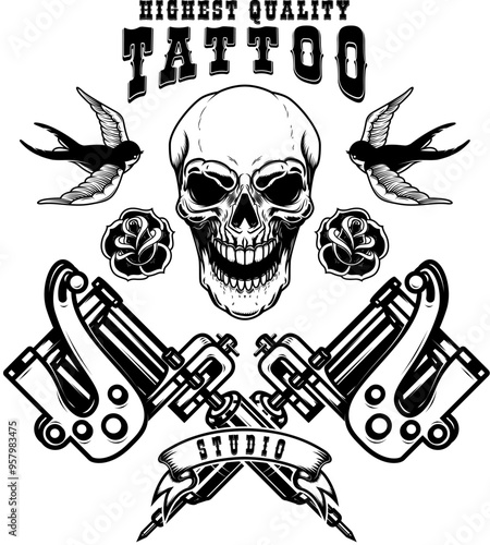 Tattoo studio emblem template. Crossed tattoo machine, skull, roses. Design element for logo, label, sign, poster, t shirt. Vector illustration