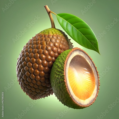 A vibrant 3D illustration of a Babaco fruit. showcasing its unique textured exterior and juicy interior. photo