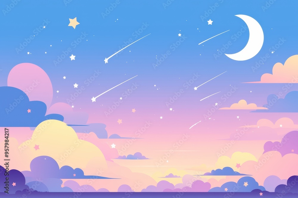 Naklejka premium A serene night sky filled with dreamy clouds, a crescent moon, twinkling stars, and shooting stars illuminating the tranquil scene.