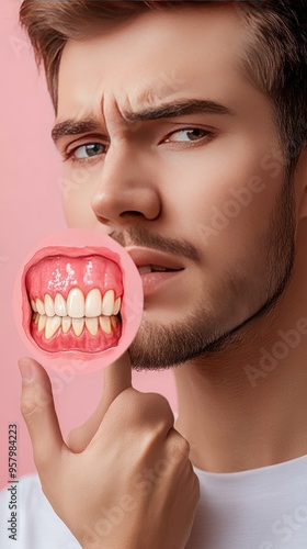 A young man with a serious expression holds a model of human teeth, with a pink background.