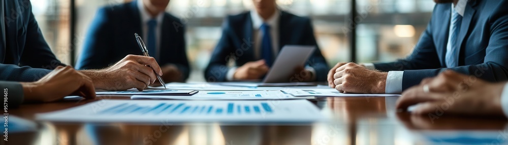 Group of executives reviewing a business plan in a boardroom, corporate strategy meeting Group of executives reviewing a business plan in a boardroom, corporate strategy meeting