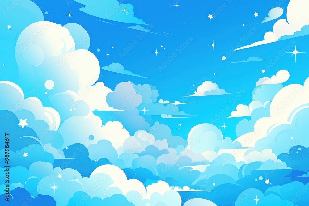 A vibrant blue sky filled with fluffy clouds and sparkling stars, creating a serene and dreamy atmosphere. A vibrant blue sky filled with fluffy clouds and sparkling stars, creating a serene and dreamy atmosphere.