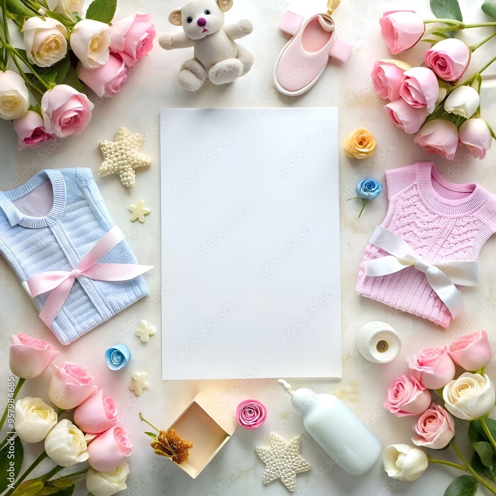 A charming invitation card template featuring delicate baby clothing. pink and blue roses. a teddy bear. and decorative elements for a baby shower. A charming invitation card template featuring delicate baby clothing. pink and blue roses. a teddy bear. and decorative elements for a baby shower.