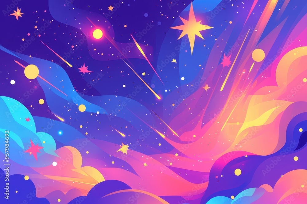 A vibrant cosmic scene featuring colorful clouds, stars, and bright shooting stars against a deep purple sky. A vibrant cosmic scene featuring colorful clouds, stars, and bright shooting stars against a deep purple sky.