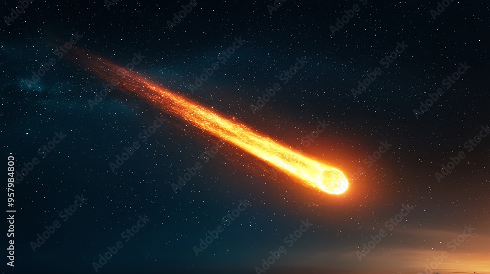 A striking image of a fiery comet streaking through a starry night sky, creating a mesmerizing celestial display. A striking image of a fiery comet streaking through a starry night sky, creating a mesmerizing celestial display.