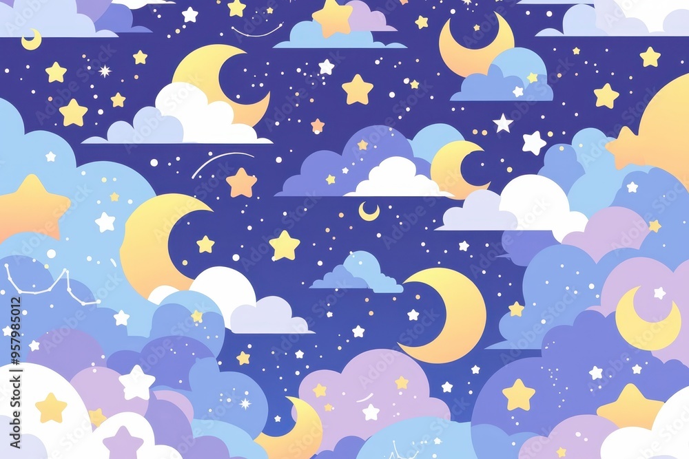 A whimsical and colorful sky filled with clouds, stars, and moons, creating a dreamy and serene atmosphere. A whimsical and colorful sky filled with clouds, stars, and moons, creating a dreamy and serene atmosphere.
