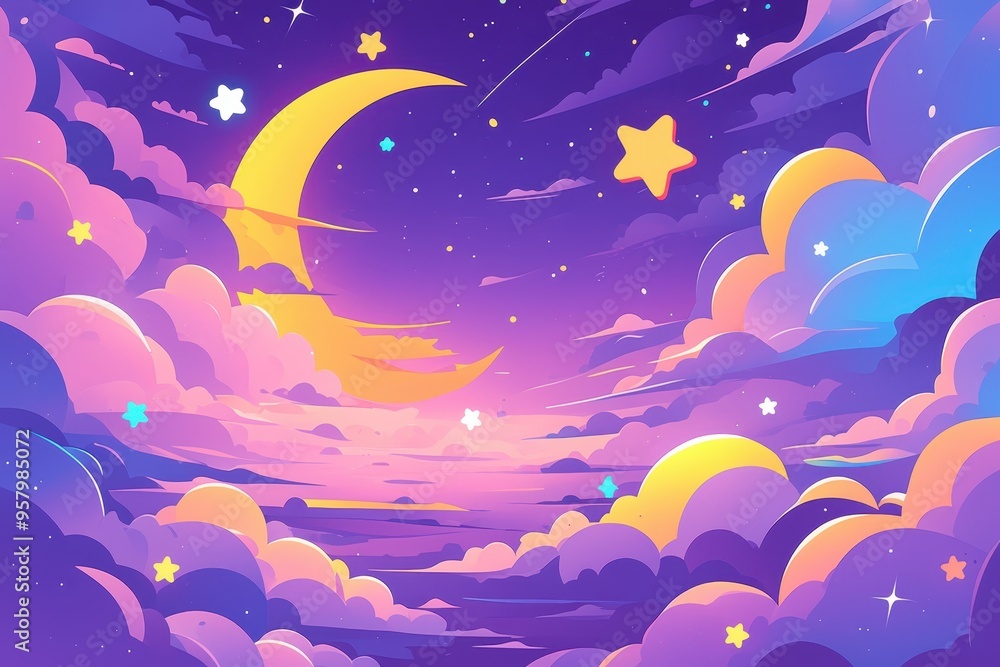 Obraz premium A whimsical night sky filled with stars, a crescent moon, and vibrant clouds, perfect for dreams and imagination.