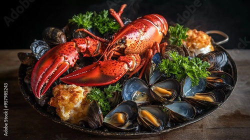 Fresh seafood platter with delicious lobster, mussels and oysters