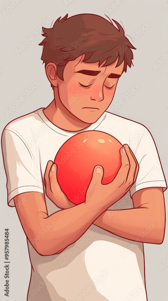 A young man with brown hair and a white t-shirt is holding a red ball close to his chest while looking down sadly. A young man with brown hair and a white t-shirt is holding a red ball close to his chest while looking down sadly.