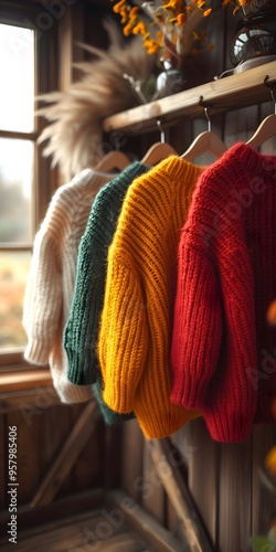 A hanger on Plain beige wall with few autumn wool sweaters in fall colors, fashion blog, banner style, copy space