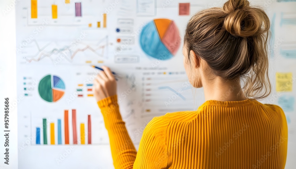 Woman Analyzing Data on Whiteboard with Colorful Charts and Graphs Woman Analyzing Data on Whiteboard with Colorful Charts and Graphs