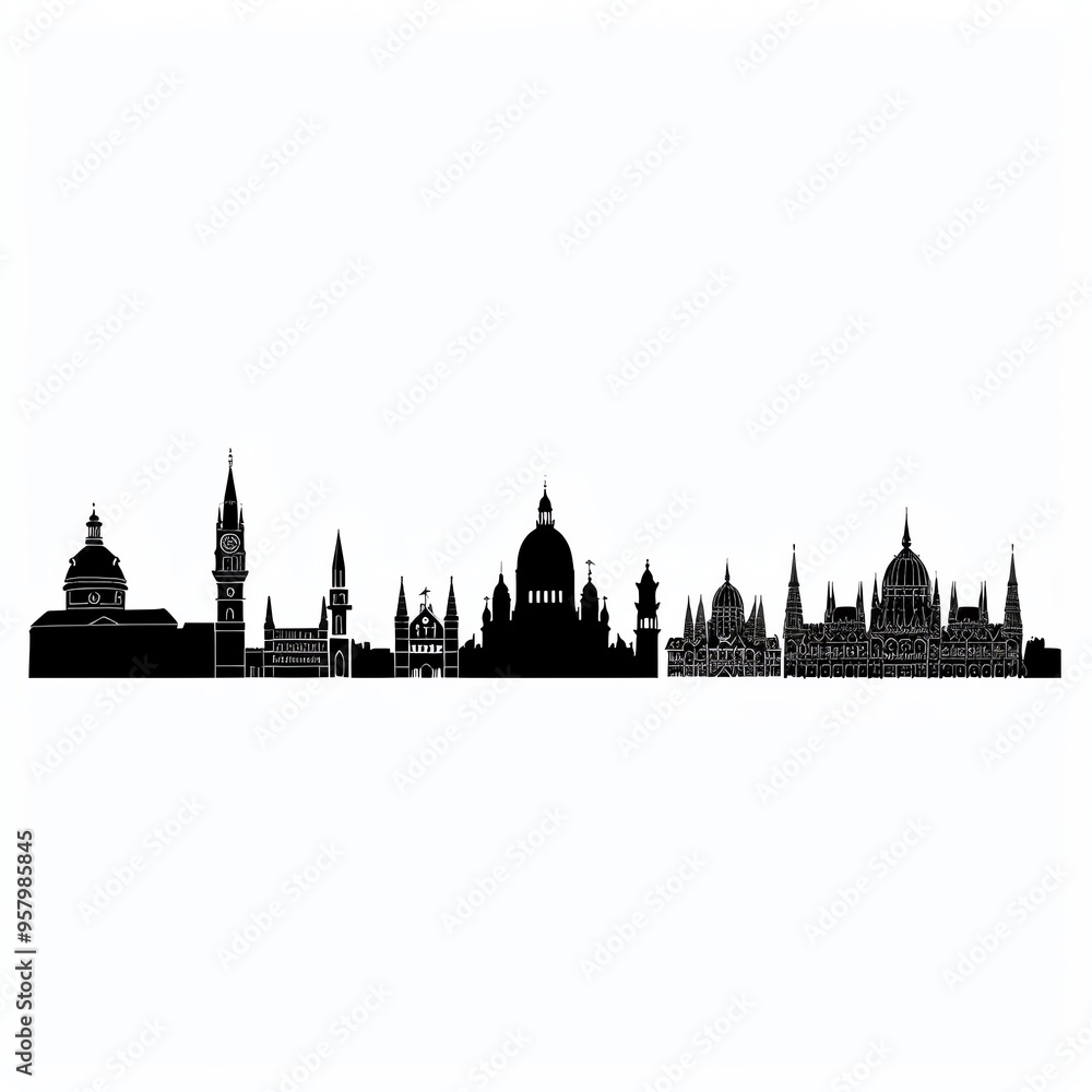 Obraz premium Silhouette of iconic Budapest skyline, featuring notable landmarks and architectural wonders against a clear background.