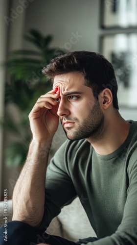 A young man with a worried expression, sitting on a couch and rubbing his forehead. He looks stressed and tired.