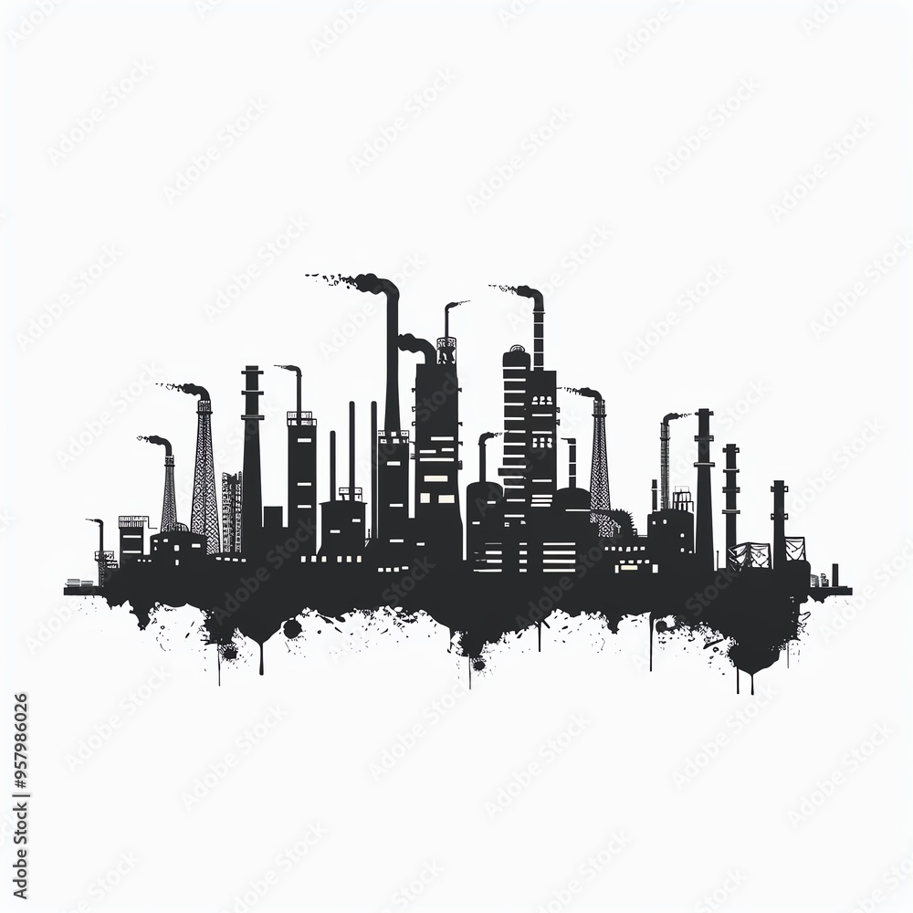 Monochrome silhouette of an industrial factory skyline with smokestacks, highlighting pollution and urbanization against a white background. Monochrome silhouette of an industrial factory skyline with smokestacks, highlighting pollution and urbanization against a white background.