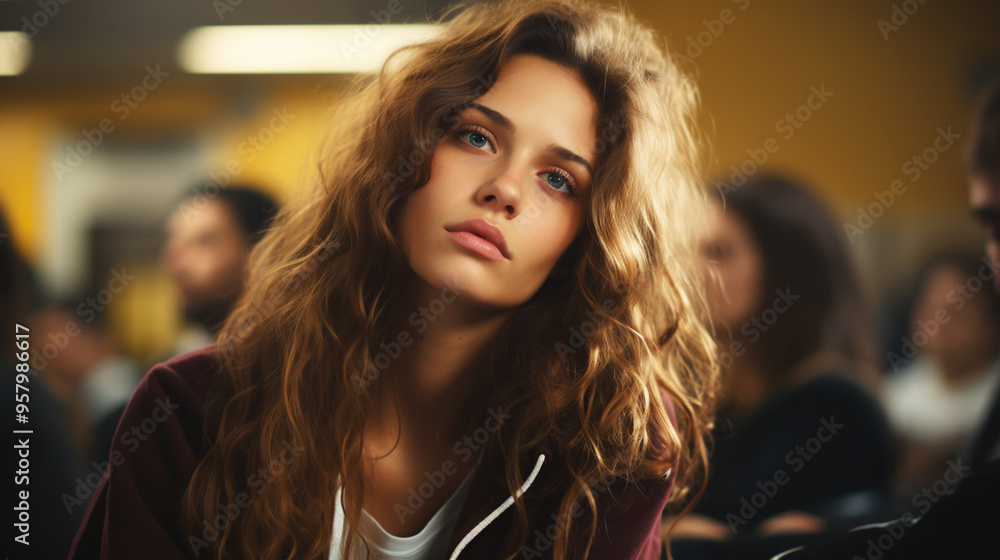Fototapeta premium Education And Learning Concept. Portrait of tired and bored student sitting at desk