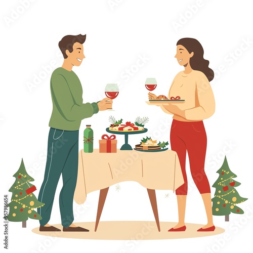 Couple celebrating Christmas with wine and food around a decorated table, enjoying the festive season together.