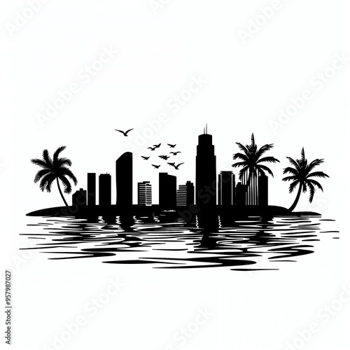 Black and white city skyline with palm trees and birds over water. Ideal for urban and travel-themed designs.