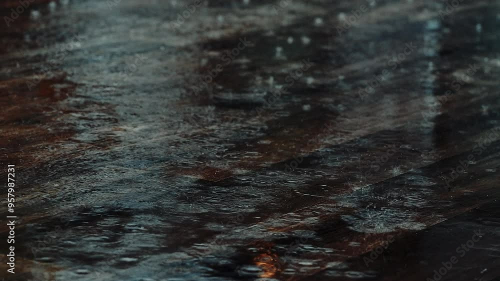 4K Rain splashes hit the asphalt, heavy rain, close-up 4K Rain splashes hit the asphalt, heavy rain, close-up