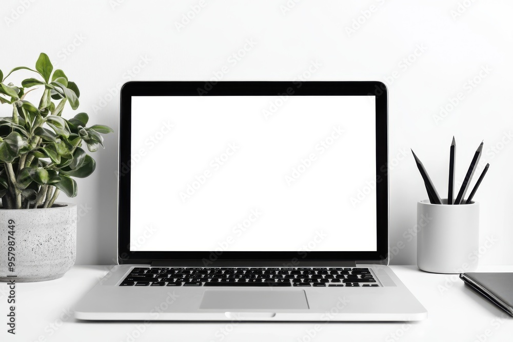 Laptop pc mock up template design on office workplace desk Laptop pc mock up template design on office workplace desk